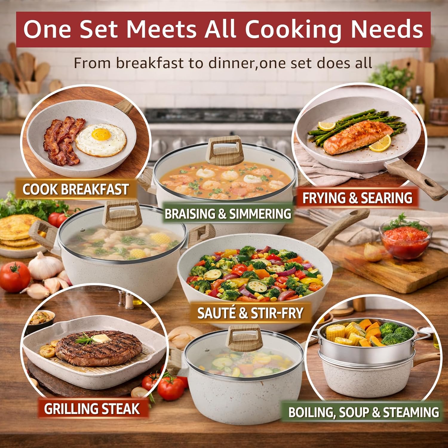 24Pcs Pots and Pans Set Non Stick,Ceramic Cookware Set with Titanium-Reinforced Nonstick Coating,Long-Lasting,PFAS-Free,Induction Compatible,Full Kitchen Set with 3 Stock Pots for Family Cooking
