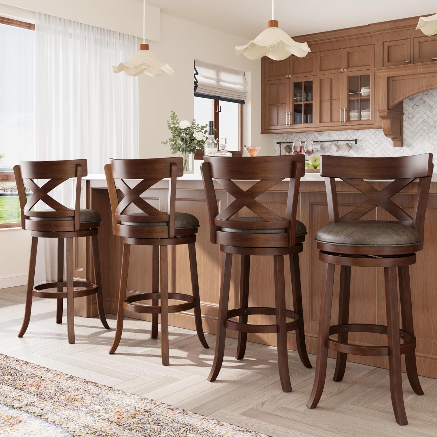 ALPHA HOME Swivel Bar Stools with Backs, 30 Inch Bar Stools Set of 2, Wooden Bar Stools, 360 Degrees Swivel Chairs with Upholstered, Wrap-Around Footrest for Pub, Kitchen, Dark Cherry/Fondant