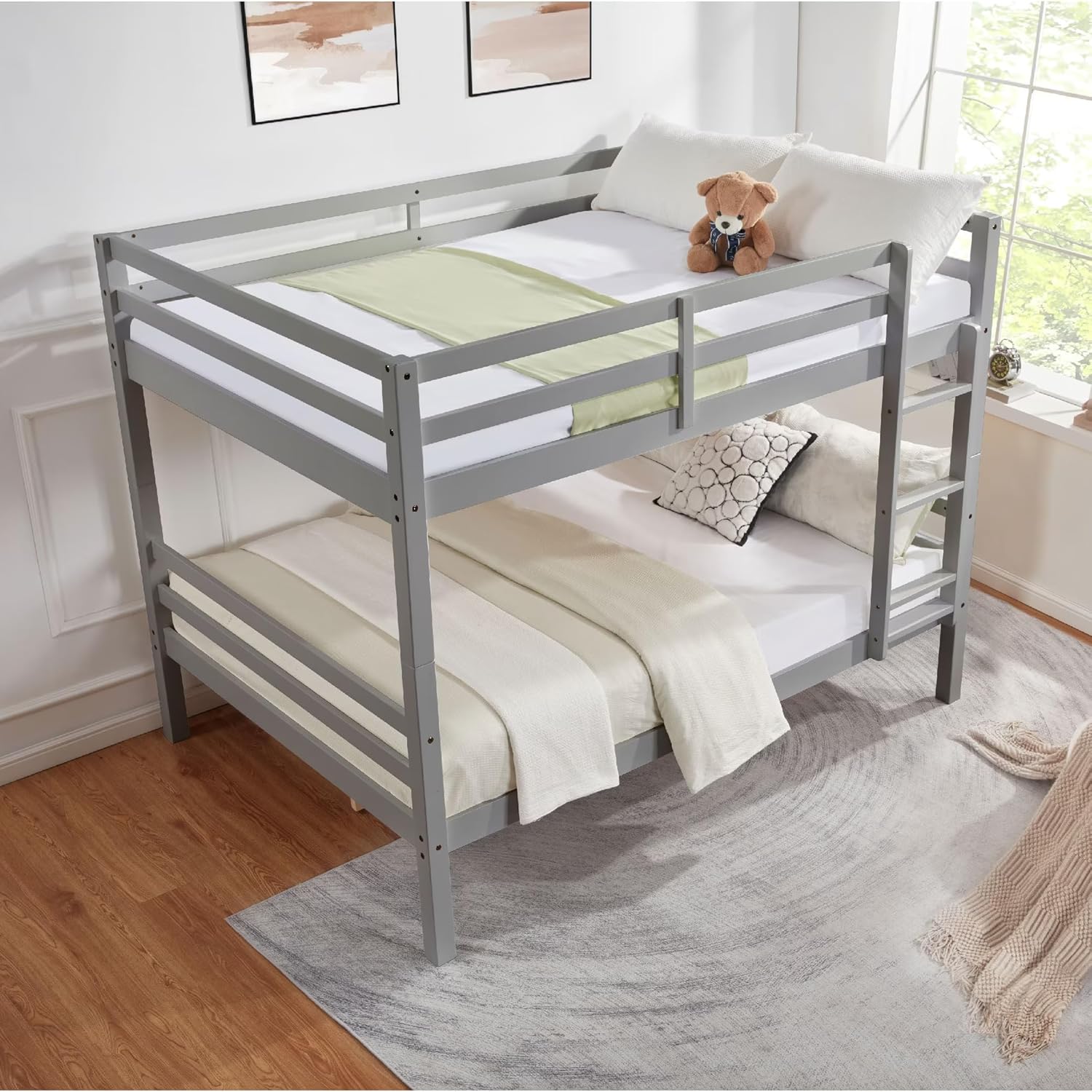 Full Over Full Bunk Bed with Ladder, Solid Wood Bunk Bed with High Guardrail and Ladder for Kids, Teens, Dorm Rooms, and Guest Rooms, No Box Spring Needed, Grey