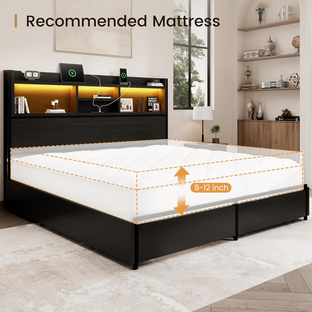 Queen Storage Bed Frame with 6 Drawers, USB Charging Station, No Noise, No Box Spring Required, Vintage Black Headboard Platform Bed