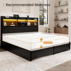 Queen Storage Bed Frame with 6 Drawers, USB Charging Station, No Noise, No Box Spring Required, Vintage Black Headboard Platform Bed