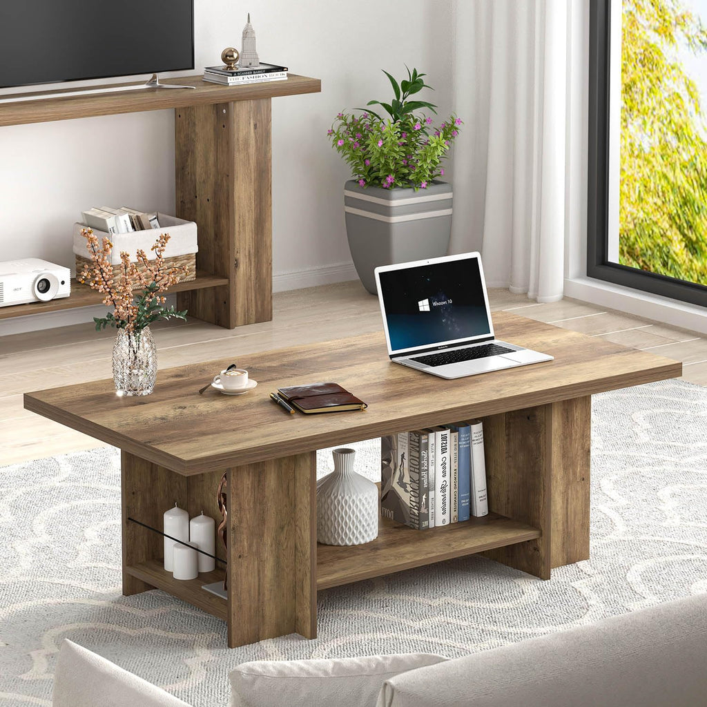 FOLUBAN Wood Coffee Table, Modern Center Table for Living Room with Bottom Storage Shelf & Side Shelves, 2-Tier Rectangle Cocktail Tea Table for Home Decor, 47 Inch, Rustic Oak