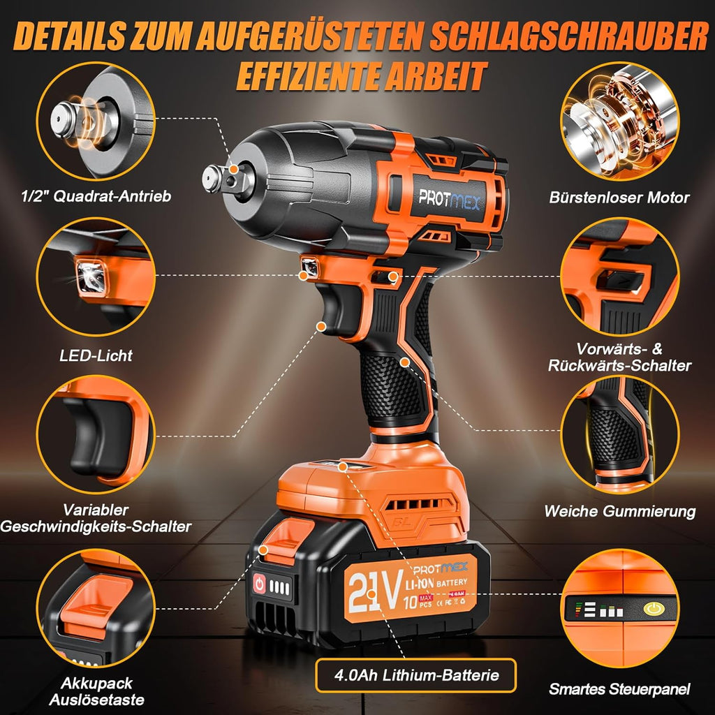 Protmex Cordless Impact Wrench, 900Ft-lbs (1200N.m) 1/2" Brushless Impact Gun, 21V High Torque Power Impact Driver, 2x4.0Ah Batteries Electric Impact Motor Variable Speeds for Car/Pickup Truck/Mower