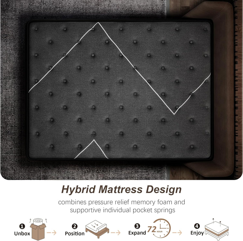 Extra Firm Queen Mattress, 14 Inch Queen Size Mattress,Memory Foam Hybrid with Extra Lumbar Support, Back Pain Relief&Cool Sleep, Firm Foam Encased Edge,Motion Isolation,Fiberglass-Free