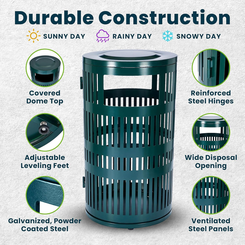 Alpine 40 Gallon Commercial Outdoor Trash Can with Lid, Weather Resistant, Locking Steel Waste Receptacle with Pull-Out Liner, Heavy Duty Galvanized Garbage Bin for Parks, Schools, City Streets- Green