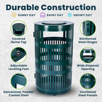 Alpine 40 Gallon Commercial Outdoor Trash Can with Lid, Weather Resistant, Locking Steel Waste Receptacle with Pull-Out Liner, Heavy Duty Galvanized Garbage Bin for Parks, Schools, City Streets- Green