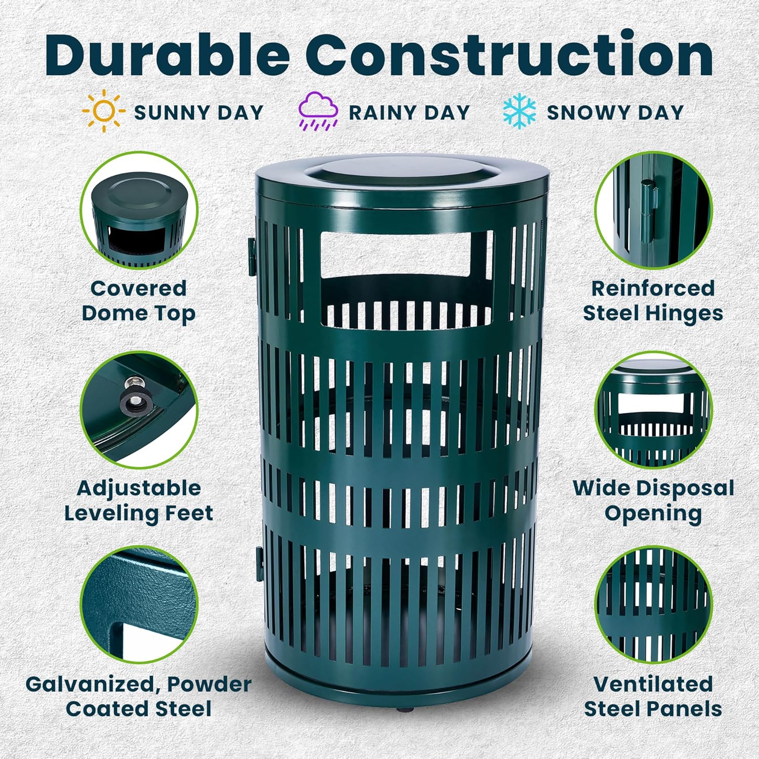 Alpine 40 Gallon Commercial Outdoor Trash Can with Lid, Weather Resistant, Locking Steel Waste Receptacle with Pull-Out Liner, Heavy Duty Galvanized Garbage Bin for Parks, Schools, City Streets- Green