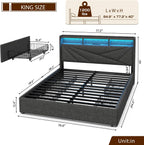 King Size Bed Frame with 4 Storage Drawers, Upholstered King Bed Frame with Charging Station and LED Lights Headboard, No Box Spring Needed, Easy Assembly - Dark Grey