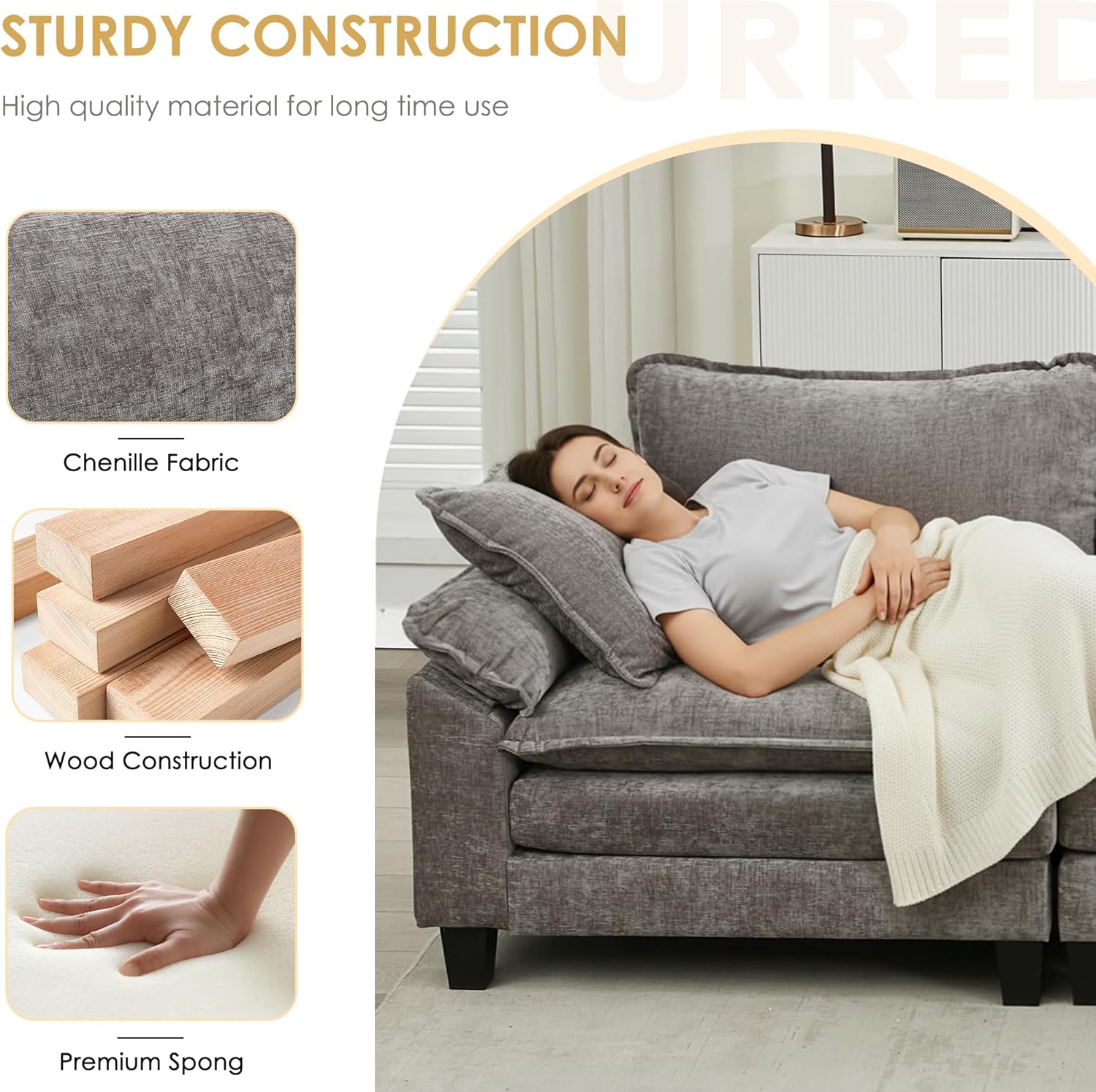 URRED Cloud Couch Modular Sectional Sofa, 87" Modern L Shaped Deep Seat Sofa with Ottoman & Pillows, Ultra Comfy Chenille Couches for Living Room, Bedroom or Apartment, Grey