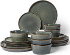 Pokini Dinnerware Sets, Microwave Safe Plates and Bowls Sets, Dishes Set for 6, Chip & Scratch Resistant Dinner Set, Hand Glazed Farmhouse Dishware Sets, Green Wheat