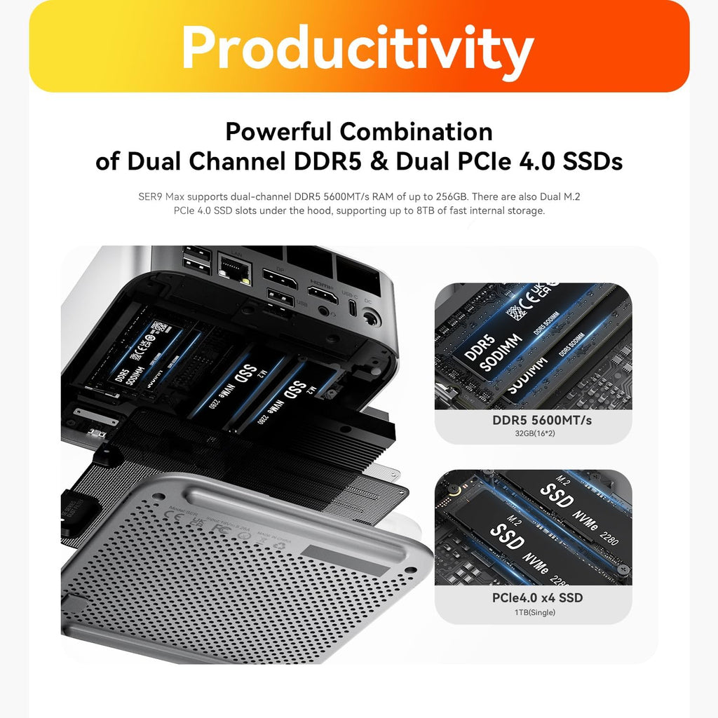 Beelink SER9 MAX Mini PC  AMD Ryzen 7 H 255(4nm  8C/16T) up to 4.9GHz  Mini Computer 64GB DDR5 RAM 1TB M.2 NVME SSD  Desktop PC 4K@240Hz Triple Display/USB4/WiFi6/BT5.2/10Gbps/W-11 Pro