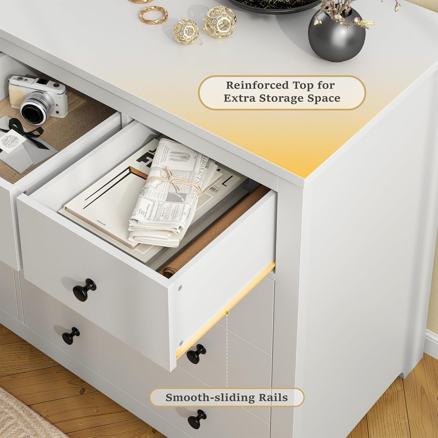 White Dresser for Bedroom with 10 Spacious Drawers Large Wood Dresser TV Stand for Bedroom Modern Chest of Drawers for Living Room Hallway Entryway, Smooth Slide, 15.7" D x 52" W x 36.5" H