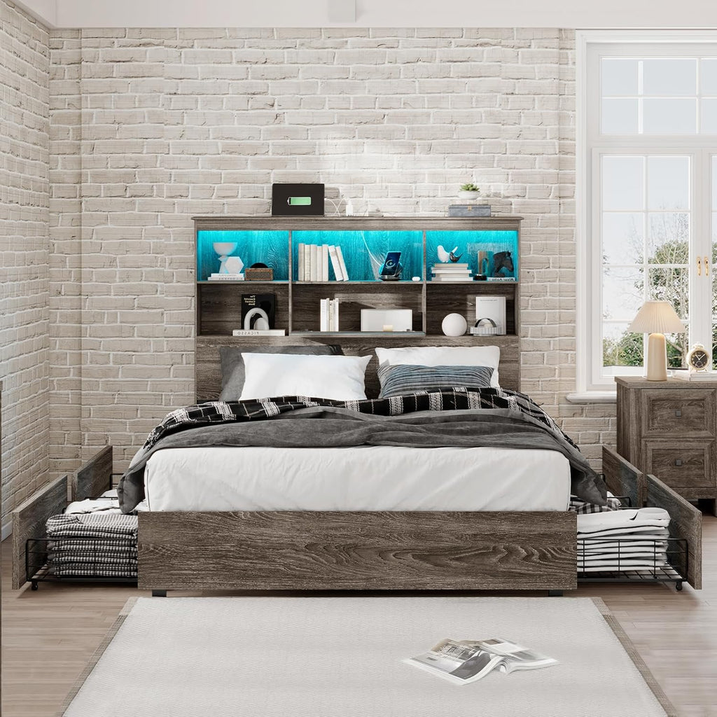 Queen Size Bed Frame with LED Bookcase Headboard, Wooden Storage Bed with Charging Station & 4 Drawers, No Box Spring Needed/Noise-Free/Rustic Grey