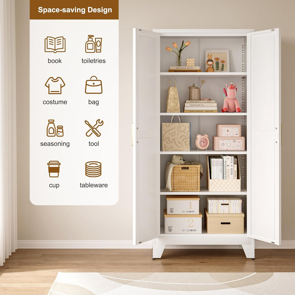 QINPTWUT 71" Storage Cabinet with Doors and Shelves, Tall Pantry Cabinet in White with 2 Doors & 4 Adjustable Shelves, All-Steel Farmhouse Cupboard for Kitchen, Living Room,Home Office,Garage