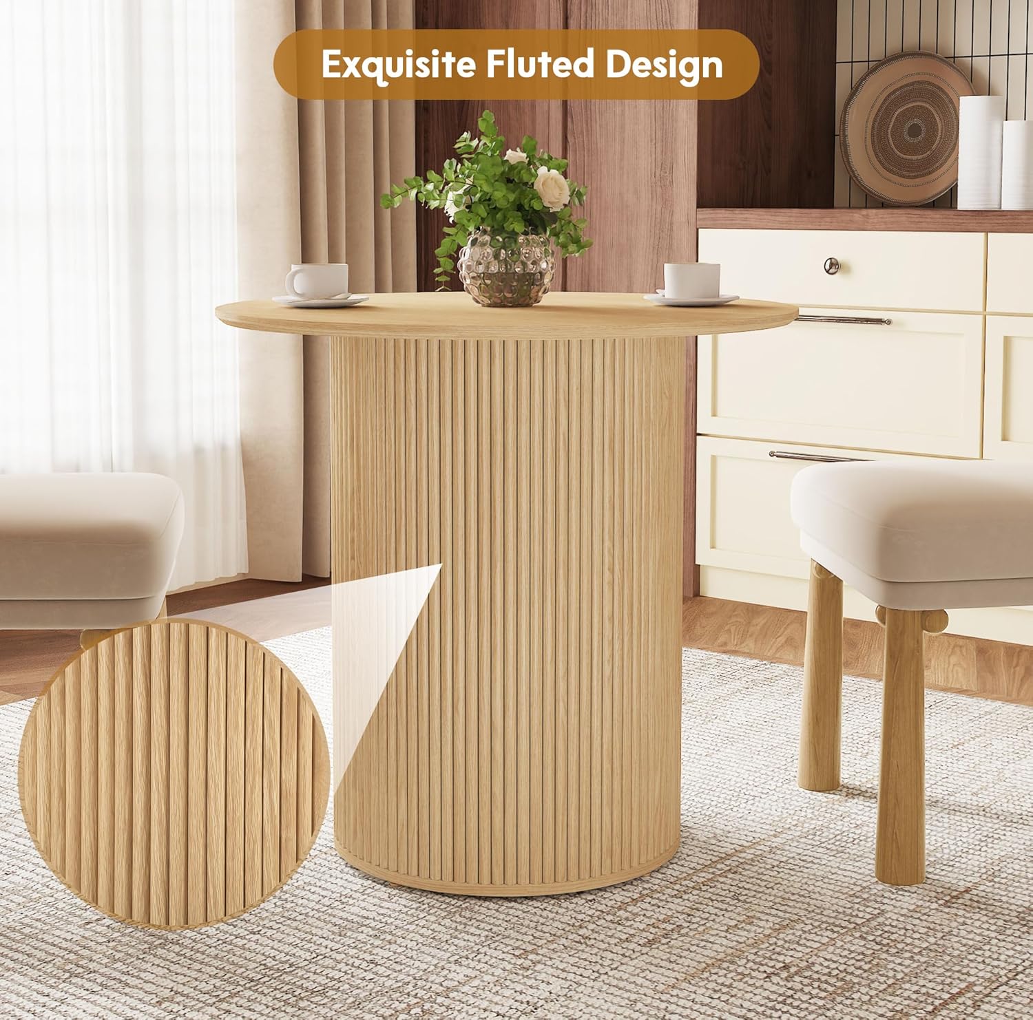 31.5" Small Round Dining Table for 2, Sturdy and Durable Natural Wood Dining Table Round with Fluted Base, Simple Setup Small Kitchen Table for Living Dining Room Office (Natural)