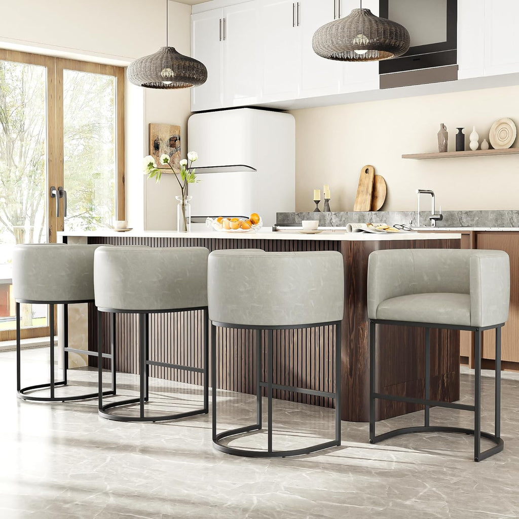 26" H Counter Height Bar Stools Set of 3, Modern Barrel Counter Stools with Backrest and Arms, Faux Leather Upholstered Accent Barstools for Kitchen Island,Support 450 LBS (Grayish White)