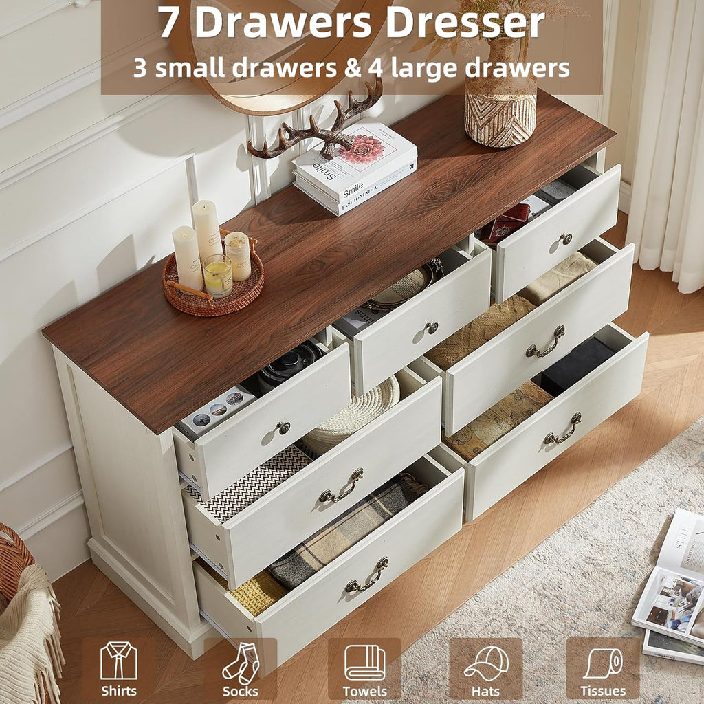 Farmhouse 7 Drawer Dresser for Bedroom,54" Wide Wood Rustic Chest of Drawers,Farmhouse Chest of Drawers for Bedroom,Wood Drawer Organizer for Living Room, Hallway,Bedroom,White