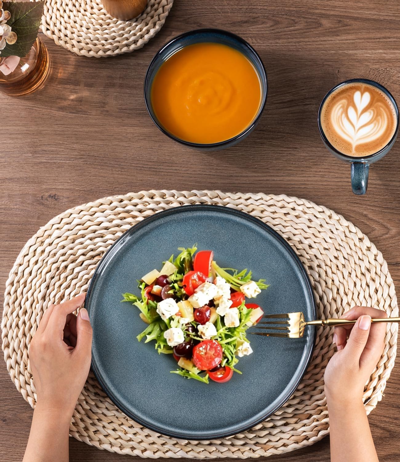 GBHOME Dinnerware Sets for 4, 12 Pieces Stoneware Plates and Bowls Sets, Scratch Resistant Ceramic Dishes, Dishwasher & Microwave Safe, Reactive Glaze-Blue Horizon