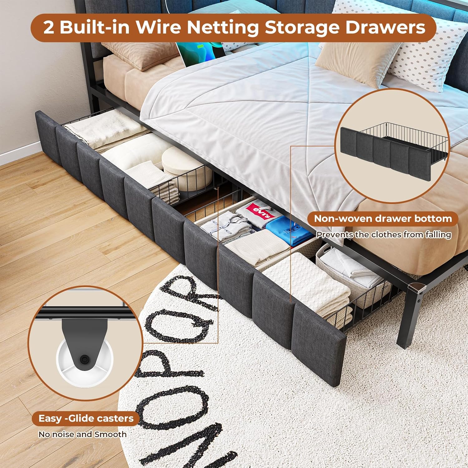 DICTAC Corner Full Bed Frame with 2 Storage Drawers and Charging Station Full Size Platform Bed Frame with Led Lights and Upholstered Guardrail Full Size Daybed for Teen/Adult with Storage,Gray