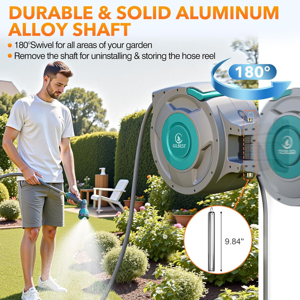 100 ft x 5/8" Retractable Garden Hose Reel  Heavy Duty Water Hose Reel Wall Mounted  Any Length Lock  180°Swivel  Water Hose with 10-Function Nozzle for Cleaning  Watering (Green)