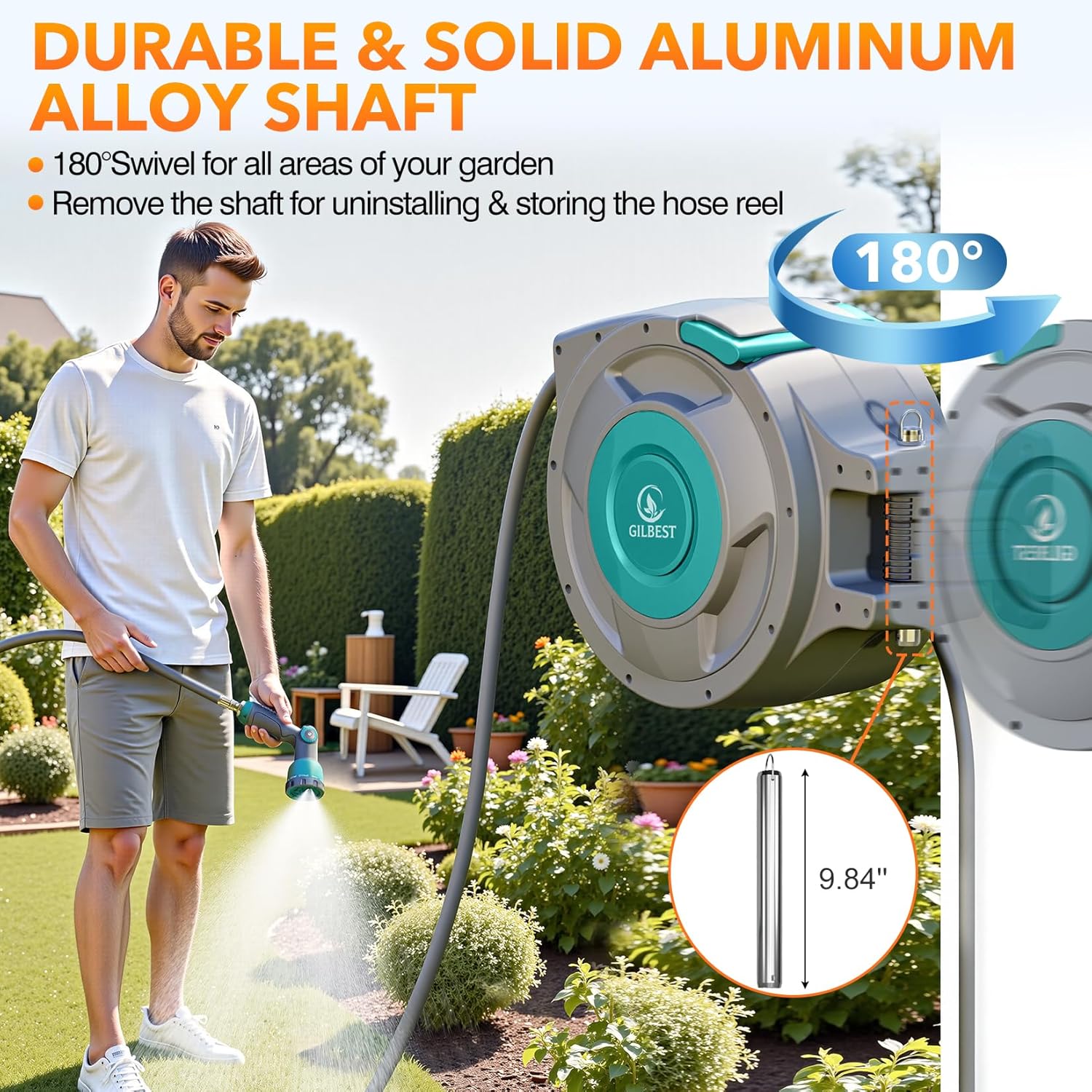 100 ft x 5/8" Retractable Garden Hose Reel  Heavy Duty Water Hose Reel Wall Mounted  Any Length Lock  180°Swivel  Water Hose with 10-Function Nozzle for Cleaning  Watering (Green)