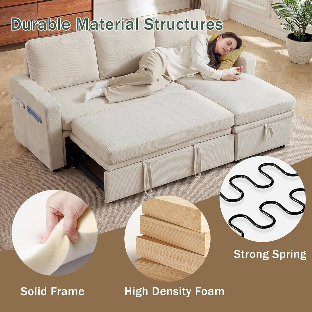 Sleeper Sofa, 79" Sectional Sofa Bed, 2 in 1 Pull Out Couch Bed with Storage Chaise and Side Pockets, L Shaped Sleeper Couch for Living Room, Beige