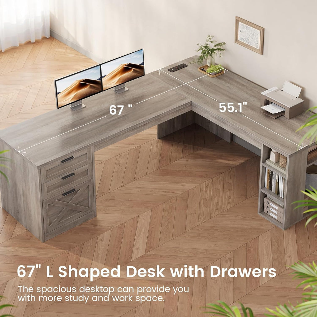 SEDETA Farmhouse 67" L Shaped Desk with 3 Drawers, Executive Desk, Home Office Desks with Storage Shelves, Corner Computer Desk with Power Outlets for Home Office, Grey