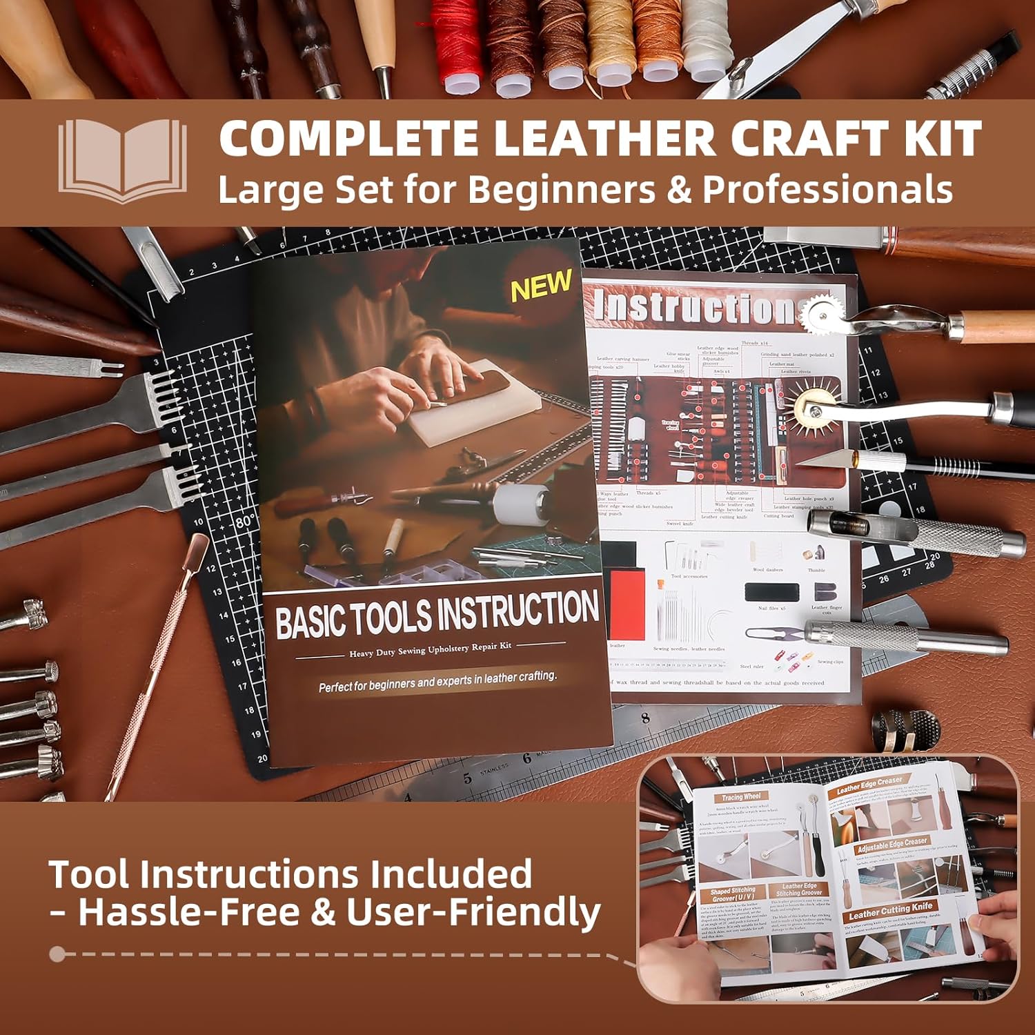 Leather Working Tooling Kit All-in-One Set Leatherworking Crafting Tools with Apron Custom Handbag Cutting Mats Stamping Engraving Punching Sewing Sanding Tools for Leather Making Repair Professional