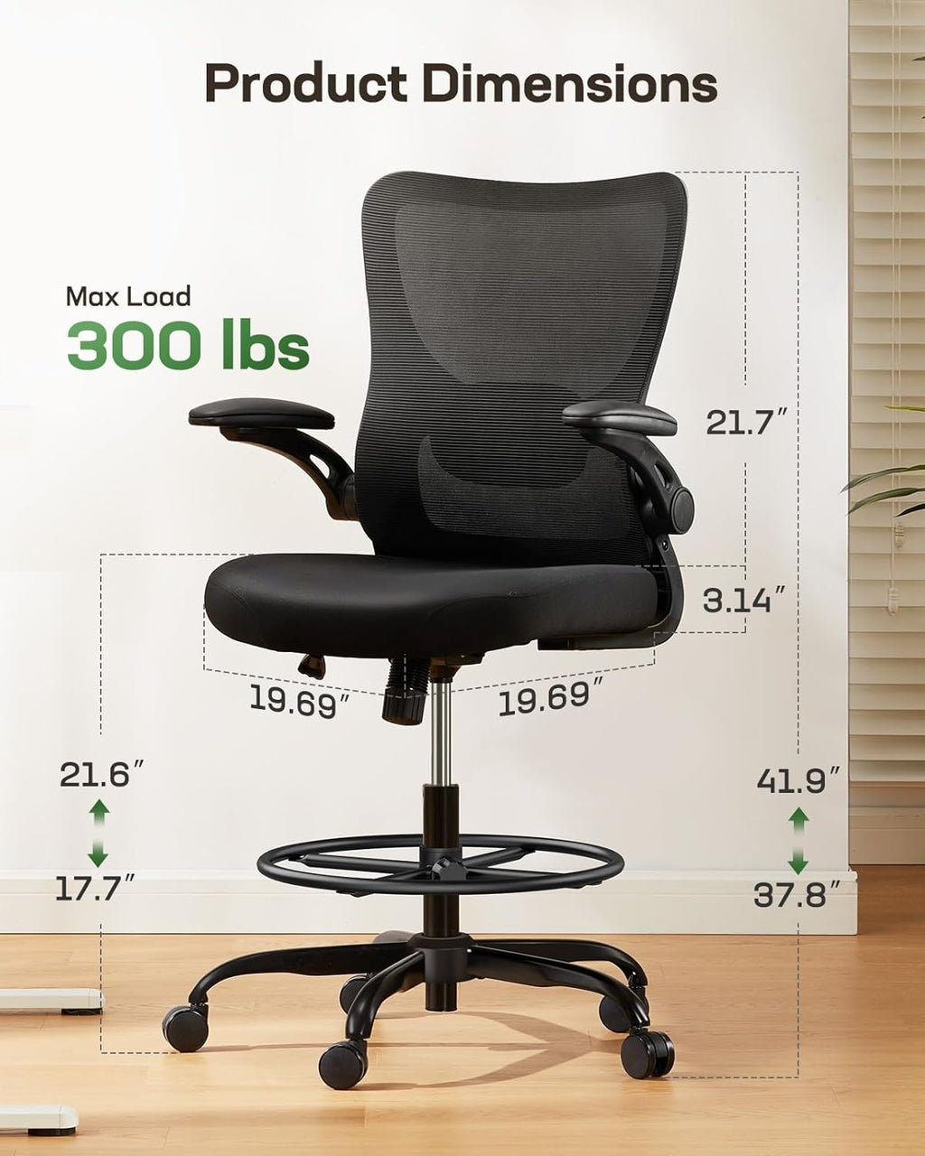 Marsail Drafting Chair, Tall Office Chair with 2D Lumbar Support, Standing Desk Chair with Padded Flip-Up Armrests & Adjustable Footrest Ring, Black