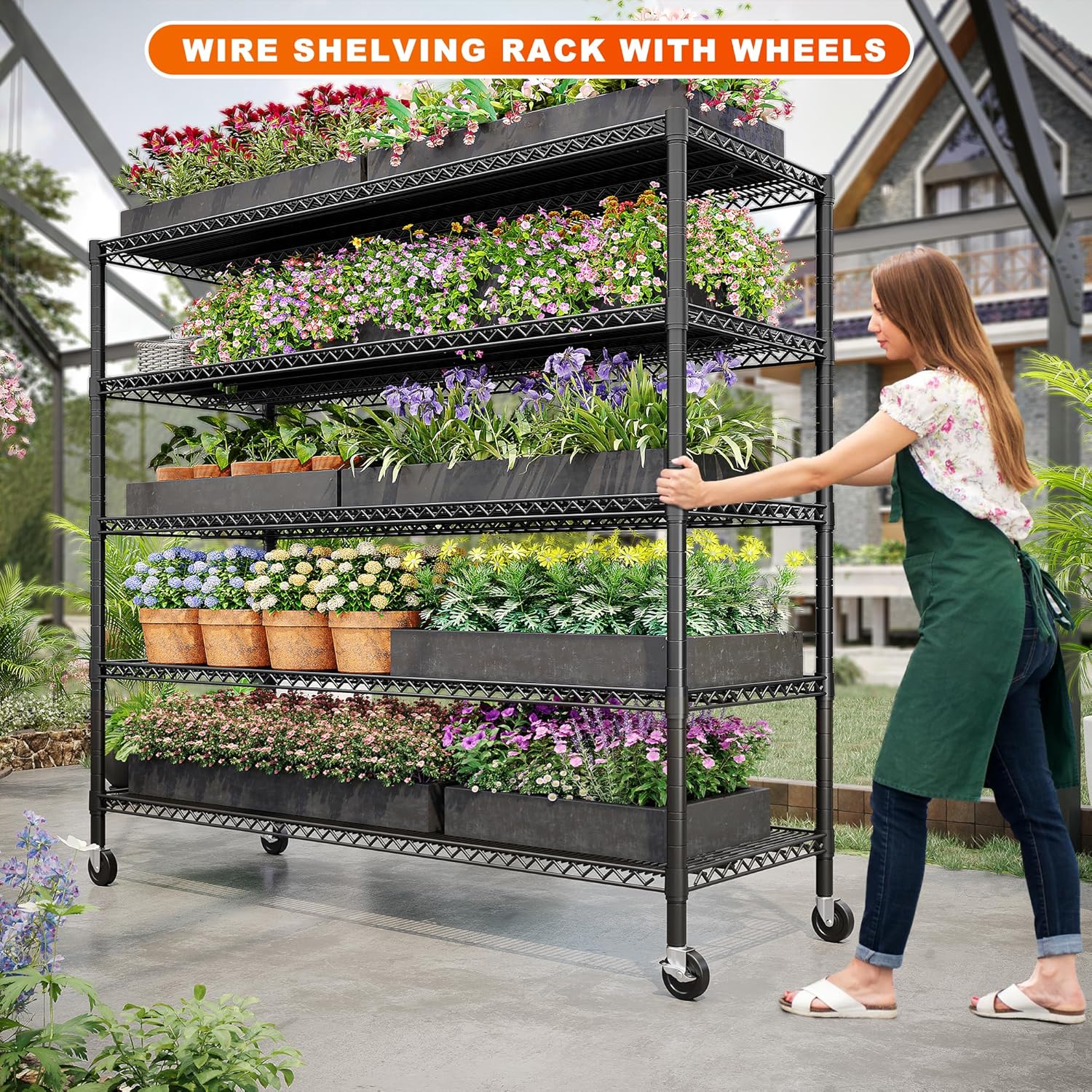 REIBII 85.7"H Garage Shelving 2998LBS Storage Shelves with Wheels&Feet,5 Tier Garage Shelves Heavy Duty Adjustable Wire Shelving for Basement Commercial Industrial Pantry, 85.7"H X 55.5"W X 24.2"D