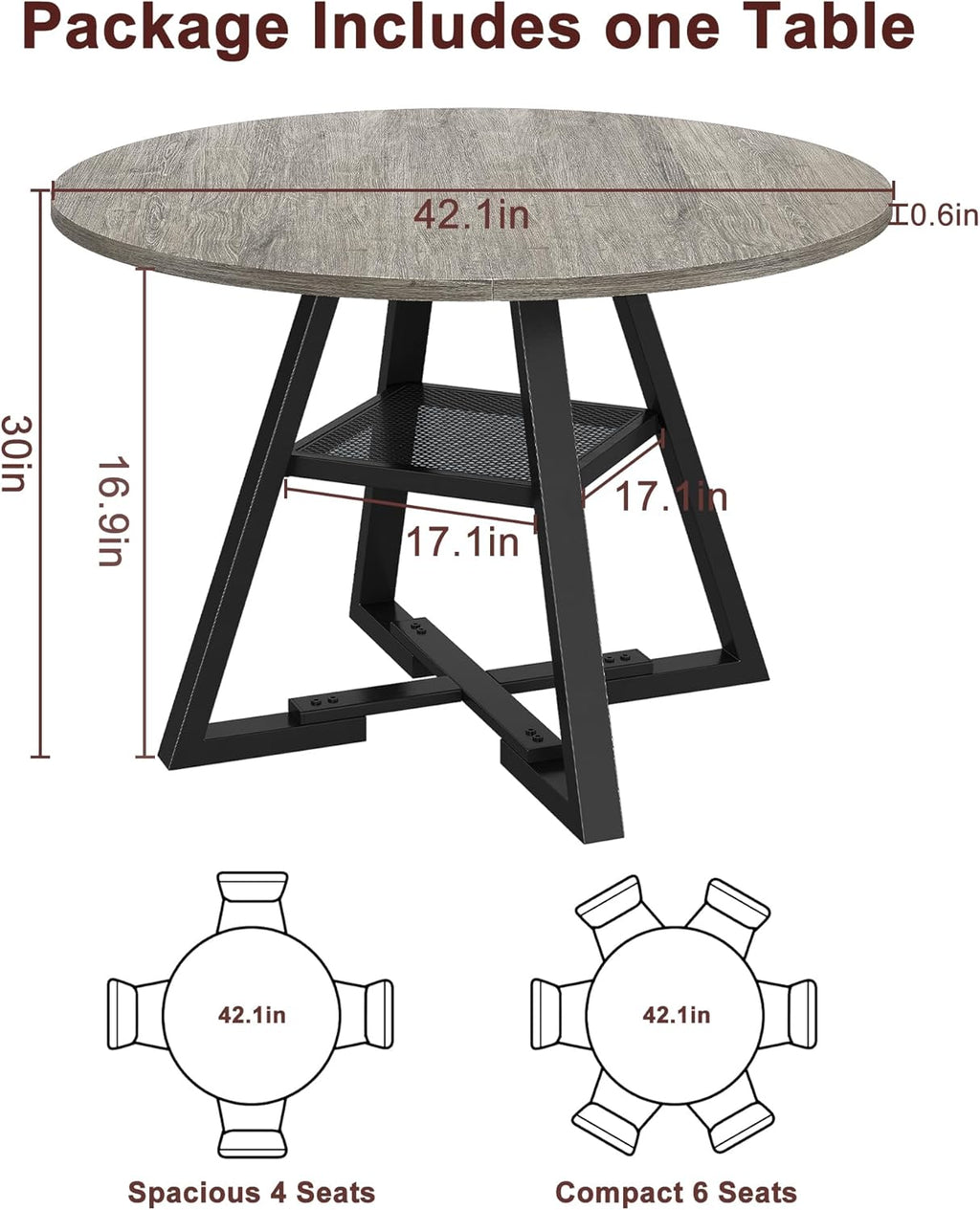 Jocoevol Round Dining Table for 4,Kitchen Dining Room Circle Dinner Pedestal Table,Space Saving Wood Kitchen & Dining Room Furniture, 42In,Grey