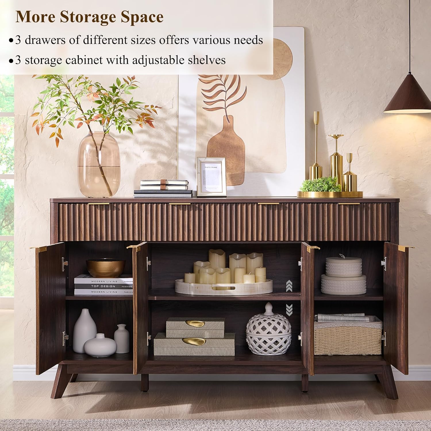 OKD Fluted Storage Cabinet with Drawers, 60" Morden Buffet Sideboard Coffee Bar Cabinet with 4 Doors and 3 Drawers for Dining Room, Living Room,Hallway (Dark Walnut)