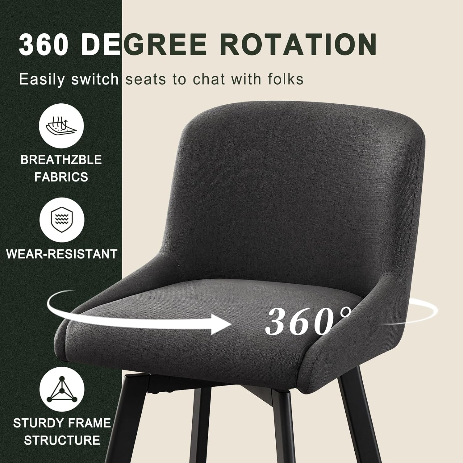 Swivel Counter Height Bar Stools Set of 4, 26''H Upholstered Barstools with Backs, Modern Bar Stool Chairs for Kitchen Island, Metal Legs, Fabric, Black Grey Stools Counter Chair