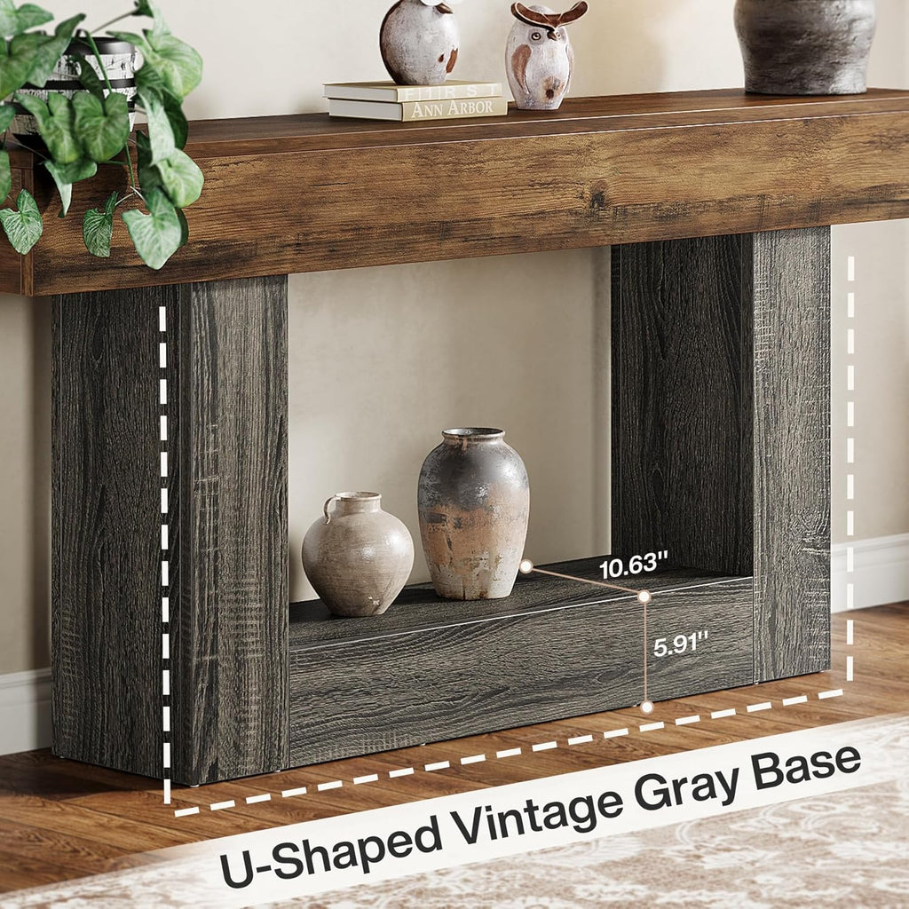 Tribesigns 63" Console Table, Farmhouse 2-Tier Entryway Table with U-Shaped Base, Narrow Long Wood Sofa Table Behind Couch Table for Living Room, Hallway, Foyer, Vintage Brown & Gray | Farmhouse, Entryway Table, Narrow, Long, Sofa Table, Behind Couch