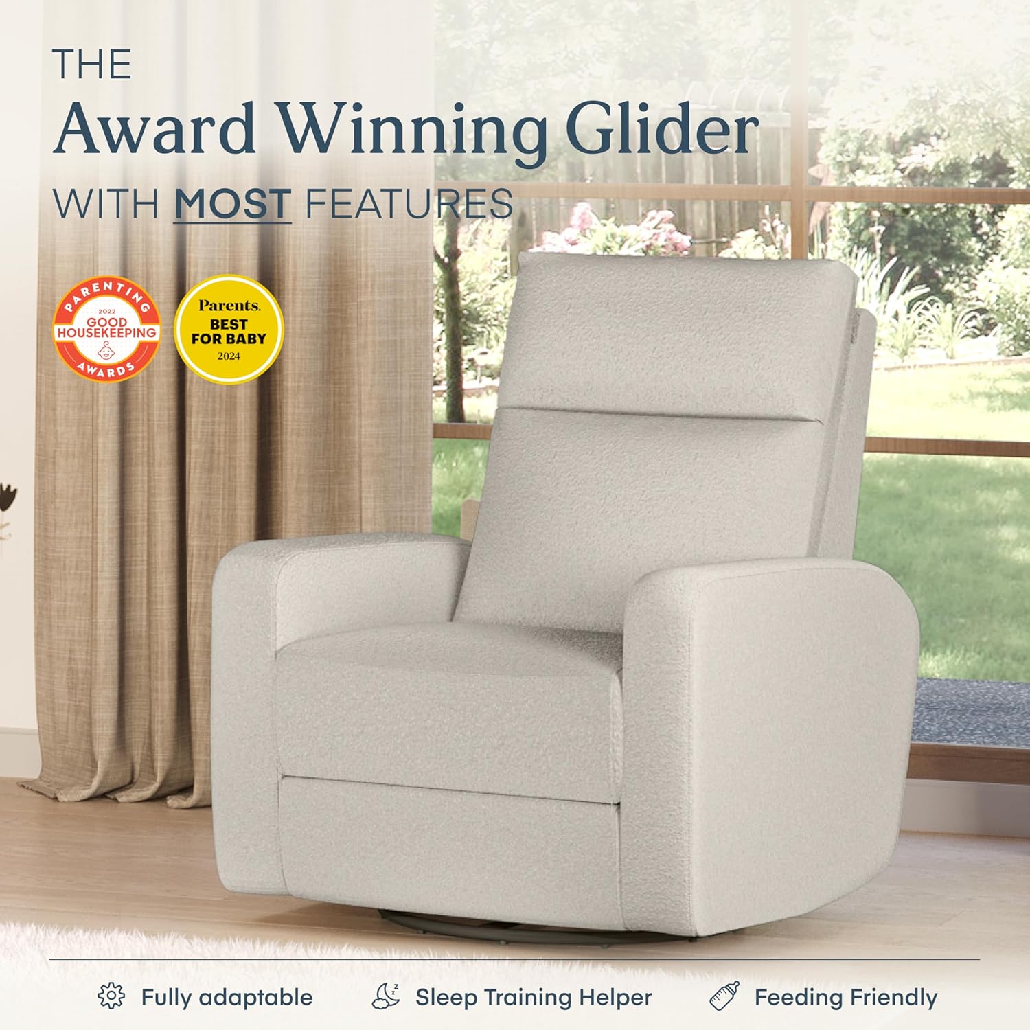 Nurture& The Glider Plus - Premium Nursery Power Recliner | Swivel Chair with Adjustable Head Support | Adjustable Lumbar Support Built in USB The Ultimate Comfort for Nursing, Relaxing (Boucle Creme)