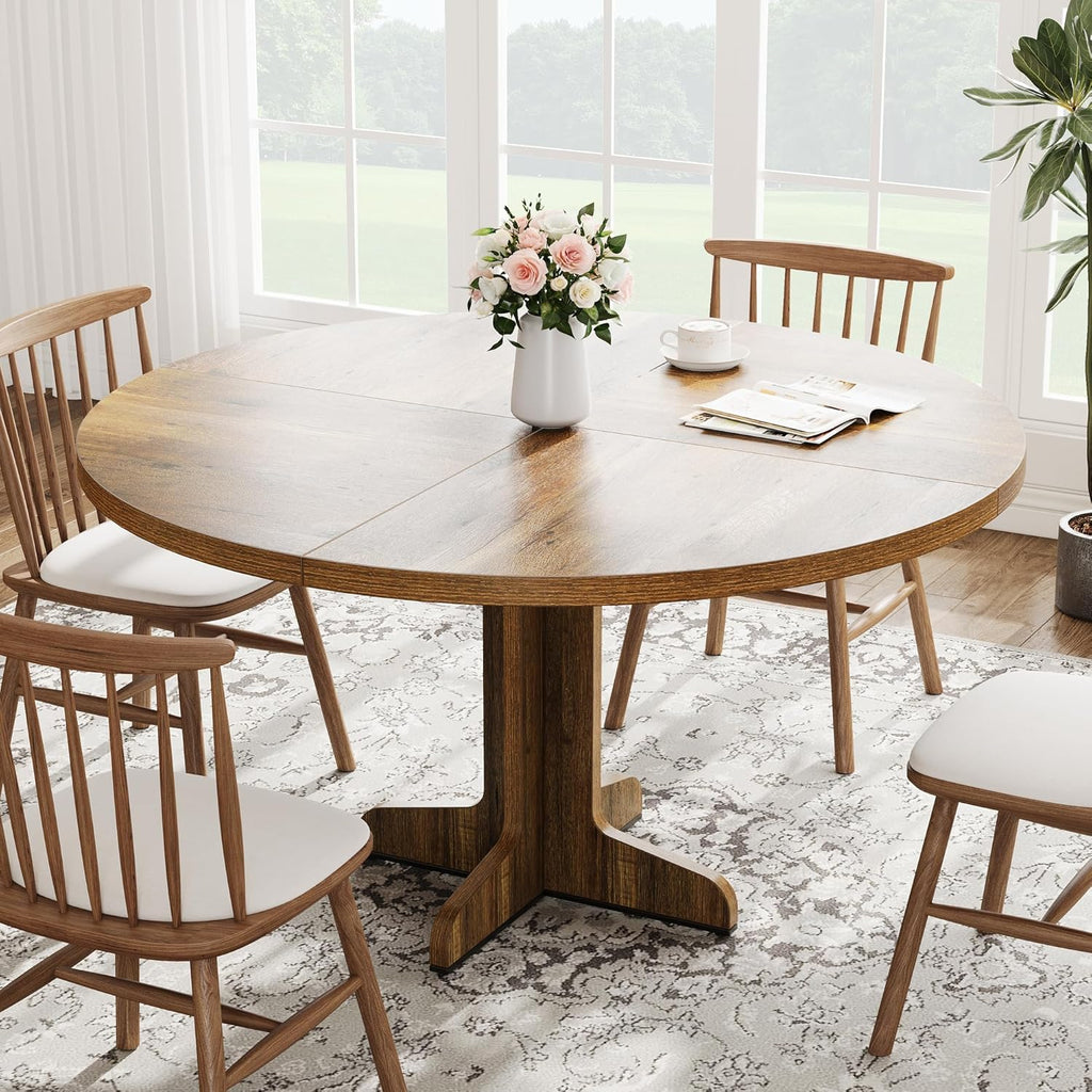 IDEALHOUSE Round Dining Table for 4, 47 Inches Circle Dining Room Table with Wooden Base for Kitchen, Living Room (Table Only), Brown