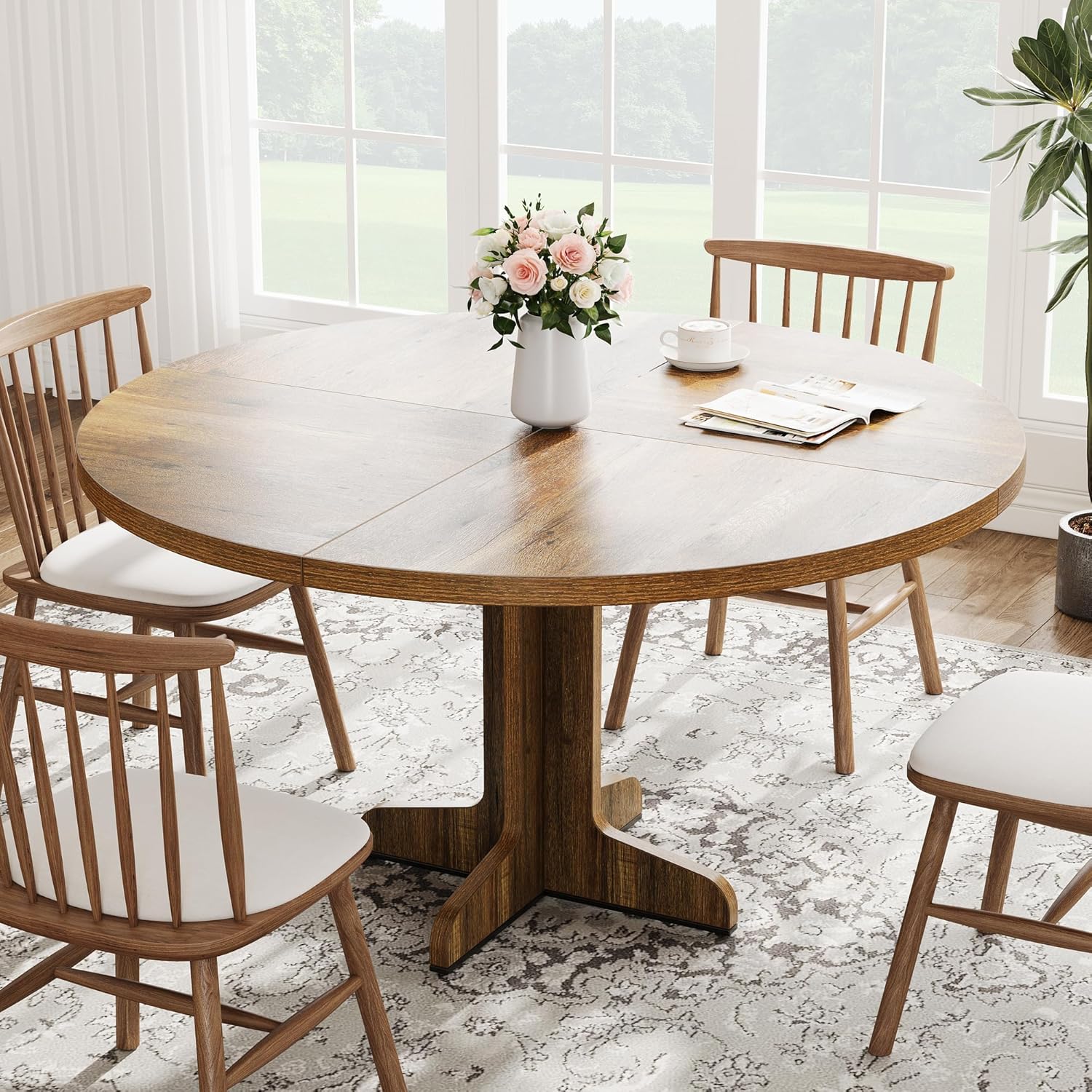 IDEALHOUSE Round Dining Table for 4, 47 Inches Circle Dining Room Table with Wooden Base for Kitchen, Living Room (Table Only), Brown