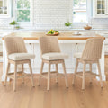 LUE BONA Rattan Bar Stools Set of 3, 27” Swivel Wooden Bars Stools with Thick Linen Seat, Handwoven Back & Wooden Leg, Counter Height for Kitchen Island, Apricot