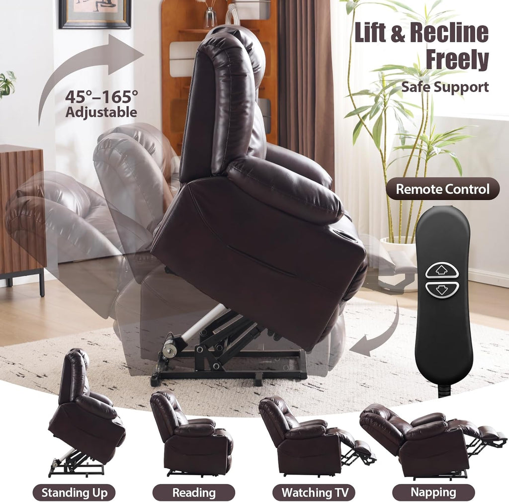 Power Lift Recliner Chair for Elderly, Oversized Leather Lift Chair with Heat and Massage, Dual Motor Zero Gravity Power Recliner Chair with Adjustable Headrest, Cup Holder & USB Port