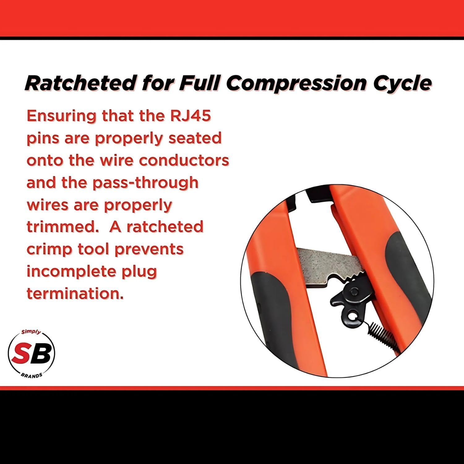 Simply45 Pass-Through RJ45 Crimp Tool for Unshielded and Internal Ground Shielded Pass-Through RJ45 Modular Plugs - Built-In Stripper/Cutter - S45-C100
