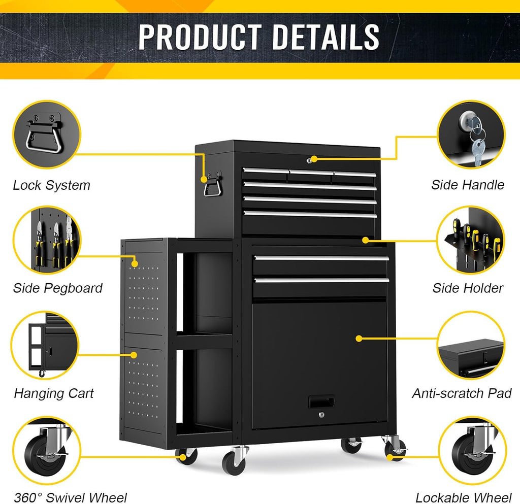 8-Drawers Rolling Tool Chest with Wheels, 3-in-1 Exclusive Tool Box Combo with Removable 4-Tire Utility Cart, 30% Extra Storage Rolling Tool Cabinet for Garage Workshop, 35”W x 13”D x 43”H-2026