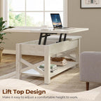 Rolanstar 47.2" Lift Top Coffee Table with Hidden Compartment, 2 Way Lift Top Coffee Table with Open Shelf & X Wooded Support, Farmhouse Center Table for Living Room, Grey