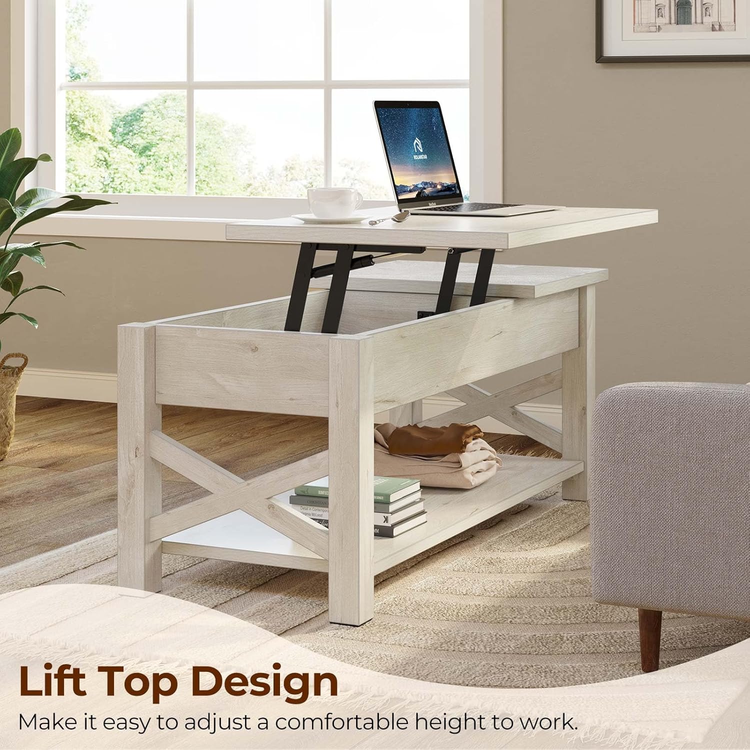 Rolanstar 47.2" Lift Top Coffee Table with Hidden Compartment, 2 Way Lift Top Coffee Table with Open Shelf & X Wooded Support, Farmhouse Center Table for Living Room, Grey