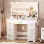 44" Vanity Desk with Mirror and Lights, Glass Top Makeup Vanity with RGB Ambient Lights & 7 Drawers, Large Dressing Table with Power Outlet for Bedroom, White