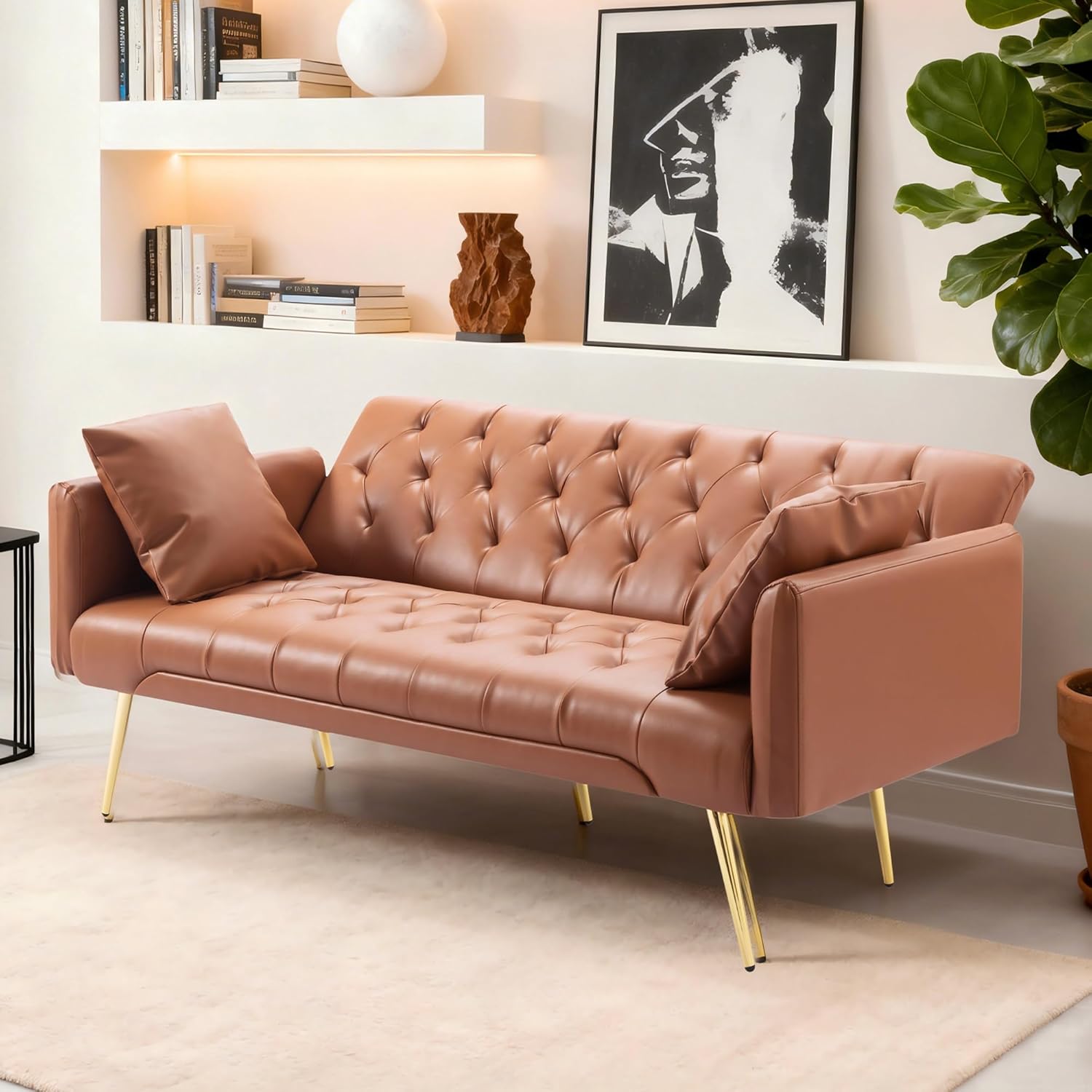 Anwick 72" Modern PU Leather Sofa Bed Futon,Convertible Folding Sleeper Bed Couches with 3 Adjustable Backrests,Tufted Recliner Loveseat with Golden Chrome Legs for Small Living Room Office (Brown)