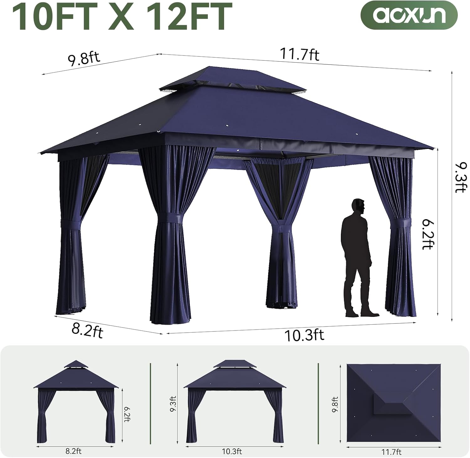 AOXUN Outdoor Gazebo for Patio 10x12 Metal Frame Canopy with Double Roofs Heavy Duty Party Tent and Shelter with Mosquito Netting and Privacy Screen for Backyard  Lawn  Garden  Deck (Navy Blue)
