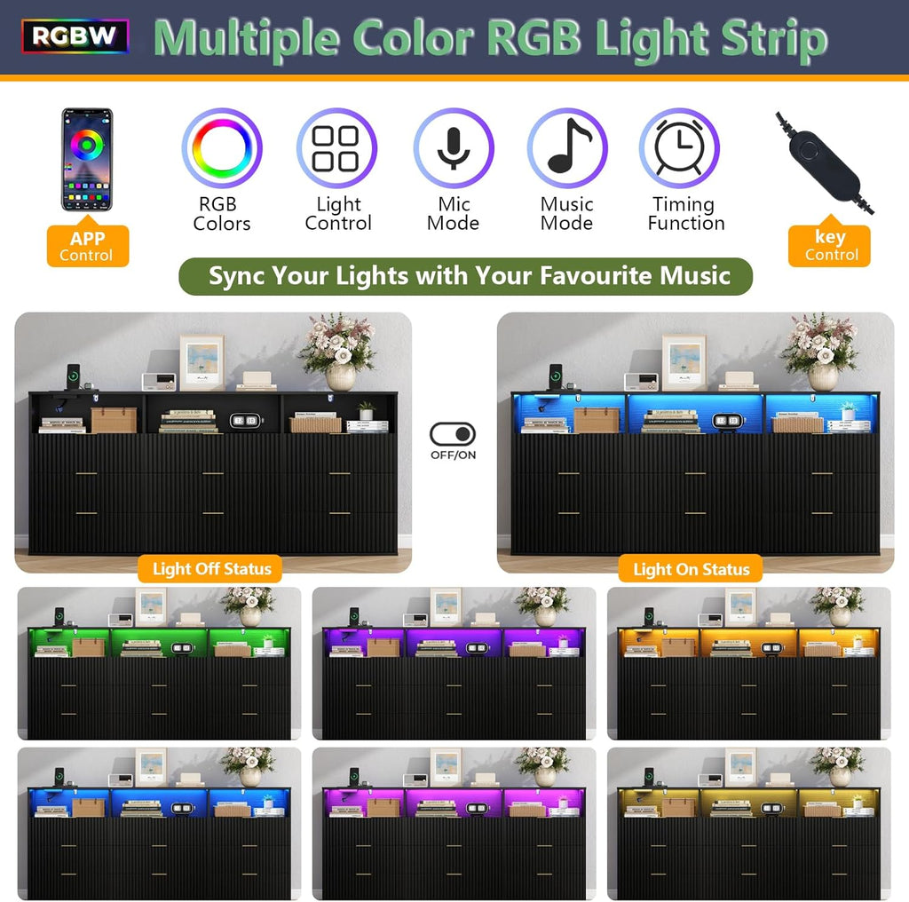 Fluted 9 Drawer Dresser with LED Lights, Modern Black Chest of Drawers with Power Outlet & Curved Top, Wood Dresser TV Stand, Black Double Dresser for Bedroom, Hallway, Living Room