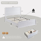 Modern Queen Size Bed Frame with 50" Tall Headboard, Wood Queen Size Platform Bed Frame w/3 Storage Drawers, Curved Profile Design, Wood & Steel Platform Bed, No Box Spring Needed, White
