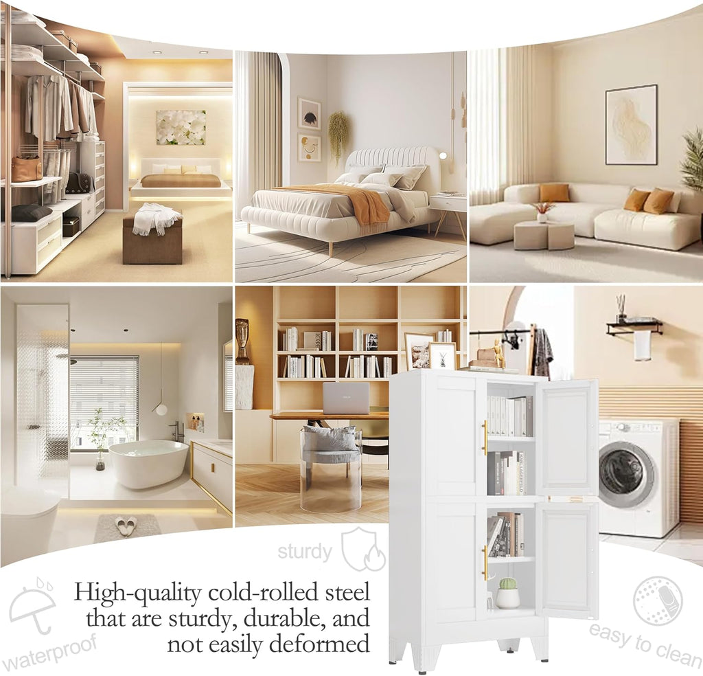 GAIOUS 47.25" Metal Pantry Cabinet, Storage Cabinets with 4 Door and 2 Adjustable Shelves, White Bathroom Cabinet, Freestanding Cupboard for Kitchen Dining Living Room Bathroom