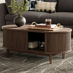 LINSY HOME Oval Coffee Table, Wood Coffee Table with Storage, Fluted Accent Center Table with Sliding Tambour Door, 39" Mid Century Modern Coffee Tables for Living Room, Bedroom, Apartment, Walnut